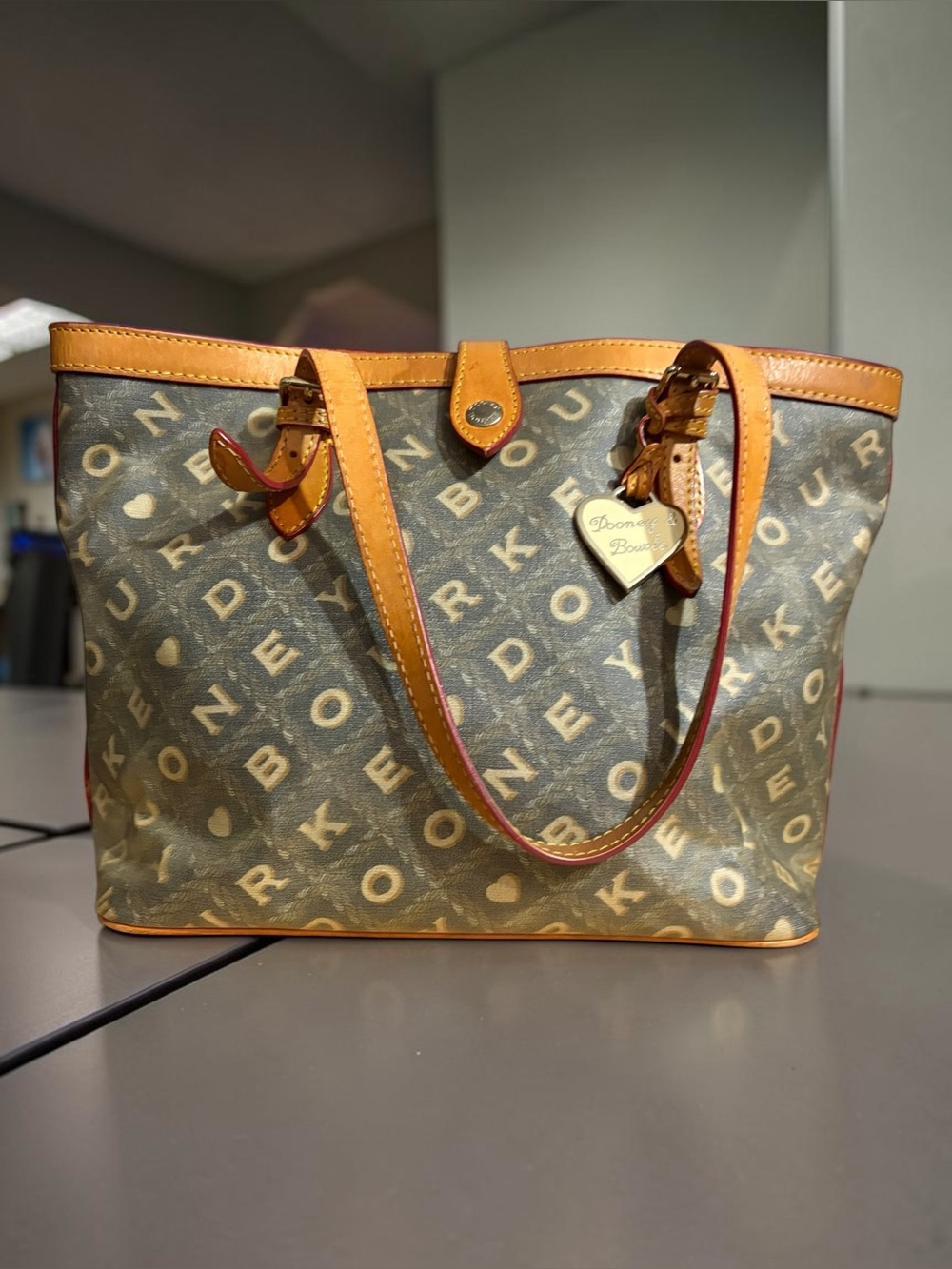 Dooney & Bourke Yellow Trim Logo Tote with Heart Charm